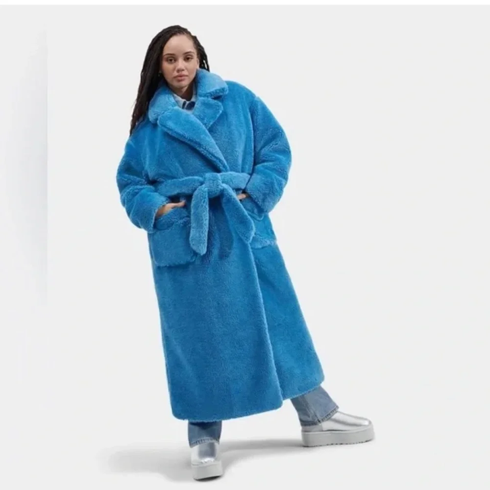 NWT UGG Alesandra Faux Fur Sherpa Teddy Long‎ Wrap Coat in Night Sky